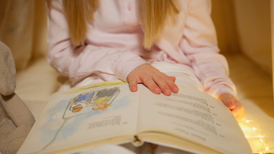 Child reading a bedtime story in a cozy room